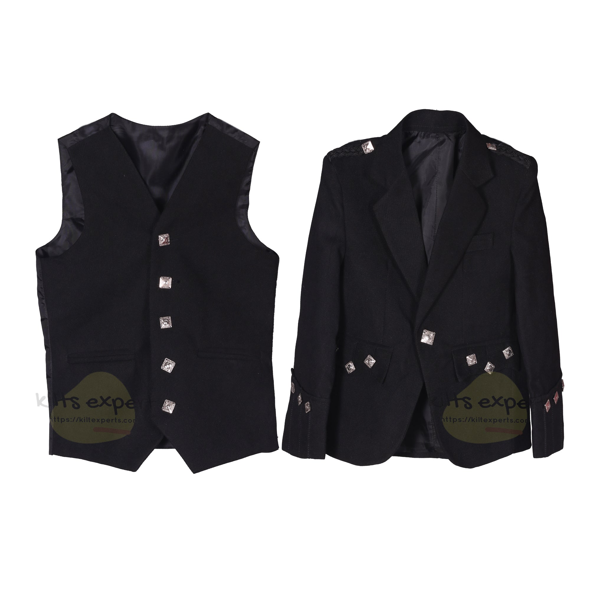 Black Argyle Jacket with 5 - Button Vest for Kids - Classic Scottish Design with Diamond Celtic Buttons - Kilt Experts