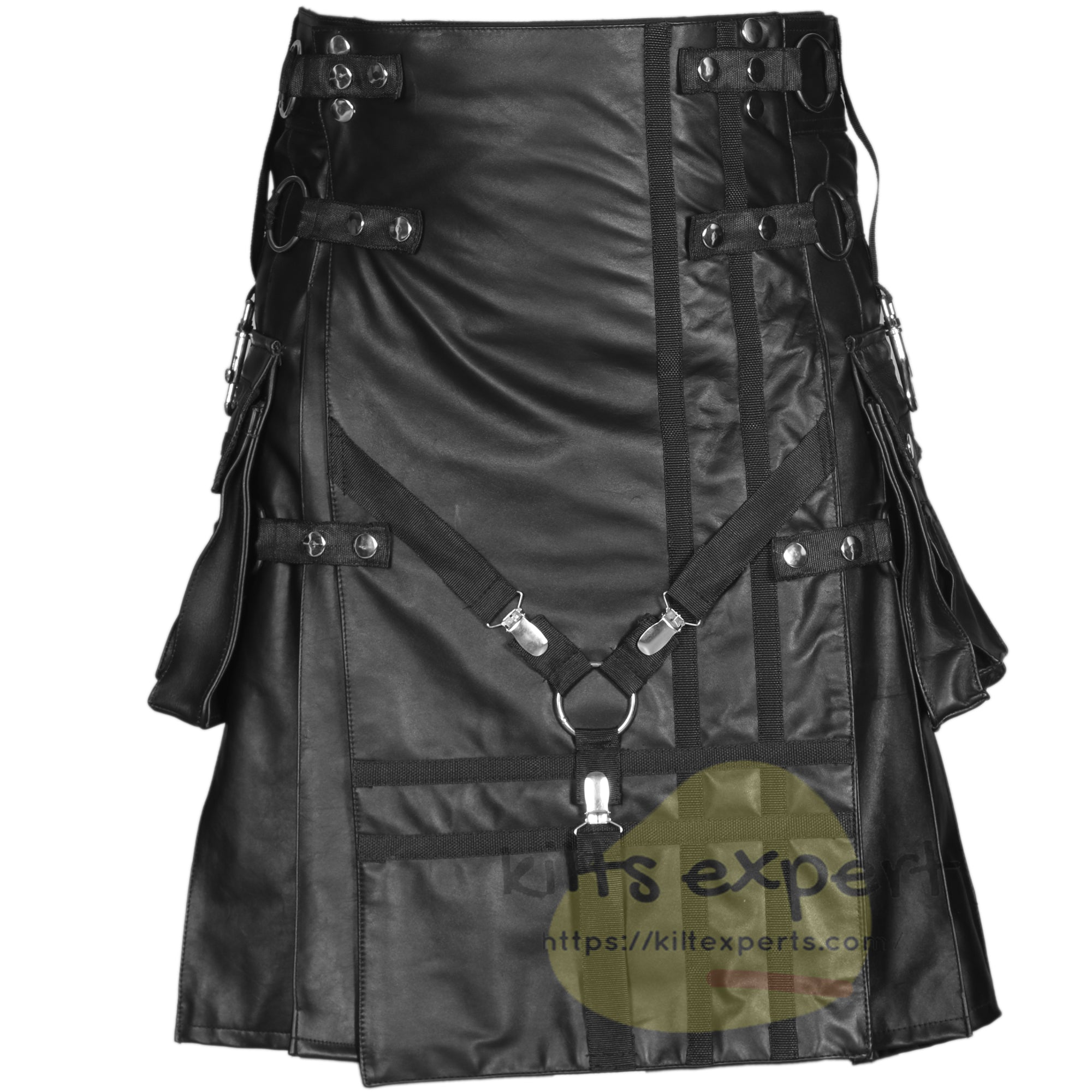 Black Genuine Cowhide Leather Kilt with Large Cargo Pockets - Kilt Experts