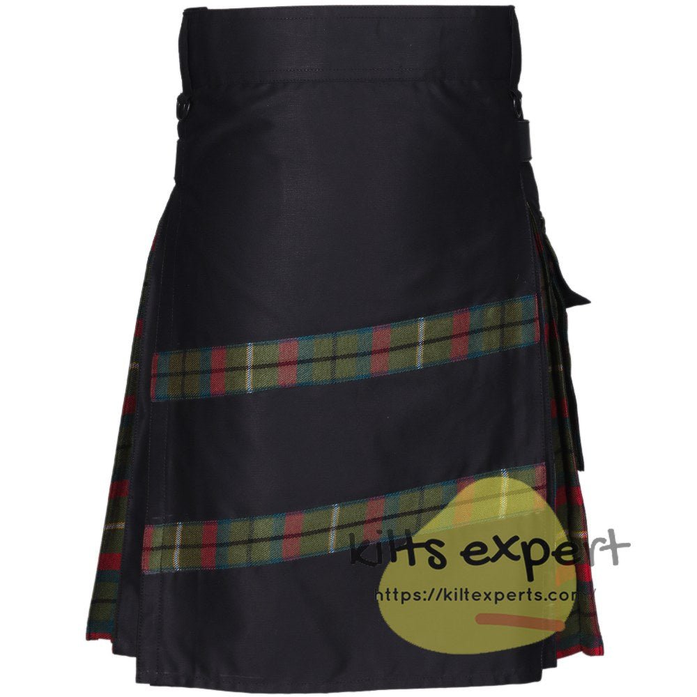 Black Leather Straps Hybird Kilt By Using County Mayo Tartan In Pleats, Front And on the Pockets - Kilt Experts