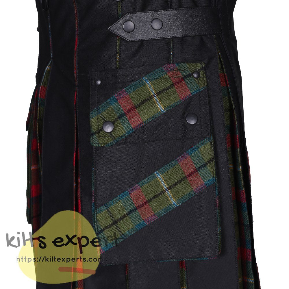 Black Leather Straps Hybird Kilt By Using County Mayo Tartan In Pleats, Front And on the Pockets - Kilt Experts