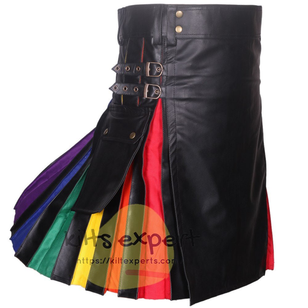 Cowhide Leather Hybird Kilt With Rainbow Cotton Pleats - Kilt Experts