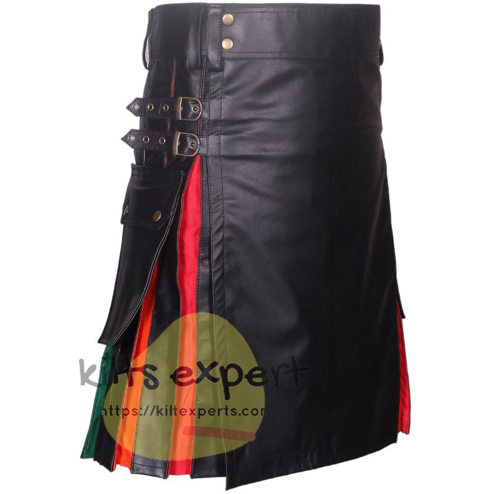 Cowhide Leather Hybird Kilt With Rainbow Cotton Pleats - Kilt Experts