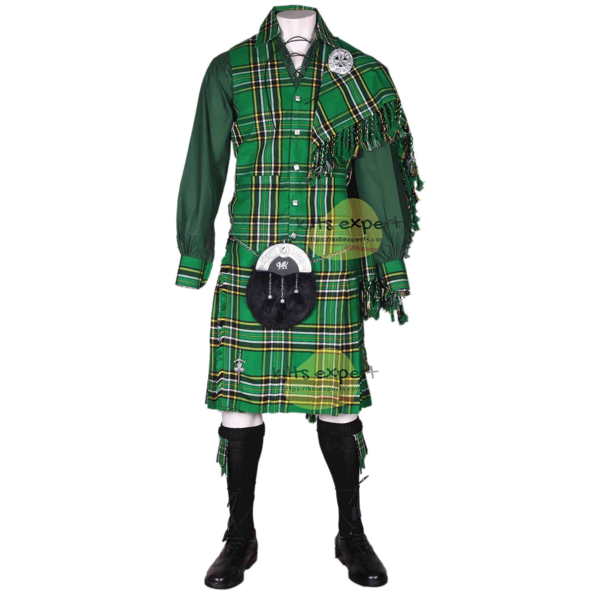 Irish National Tartan Kilt Outfit - Complete 10 - Piece Traditional Scottish Set Available in Multiple Colors - Kilt Experts