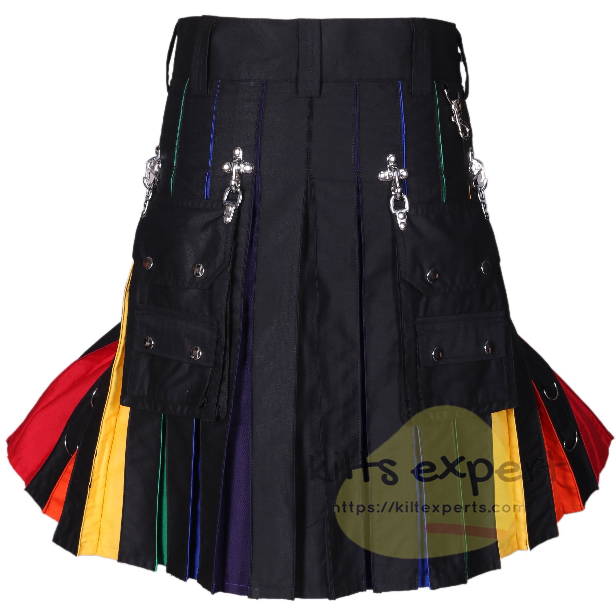 New Stud Rainbow Detachable Utility Kilt with Chains – 100% Cotton with Leather Straps & Cargo Pockets - Kilt Experts