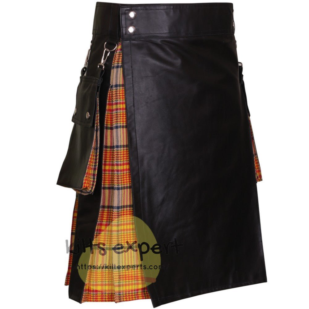 Black Cowhide Leather Hybird Kilt With Box Pleated - Kilt Experts