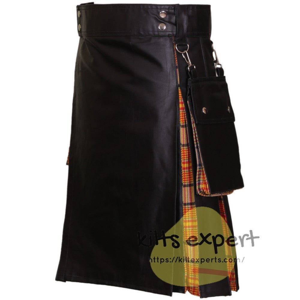 Black Cowhide Leather Hybird Kilt With Box Pleated - Kilt Experts