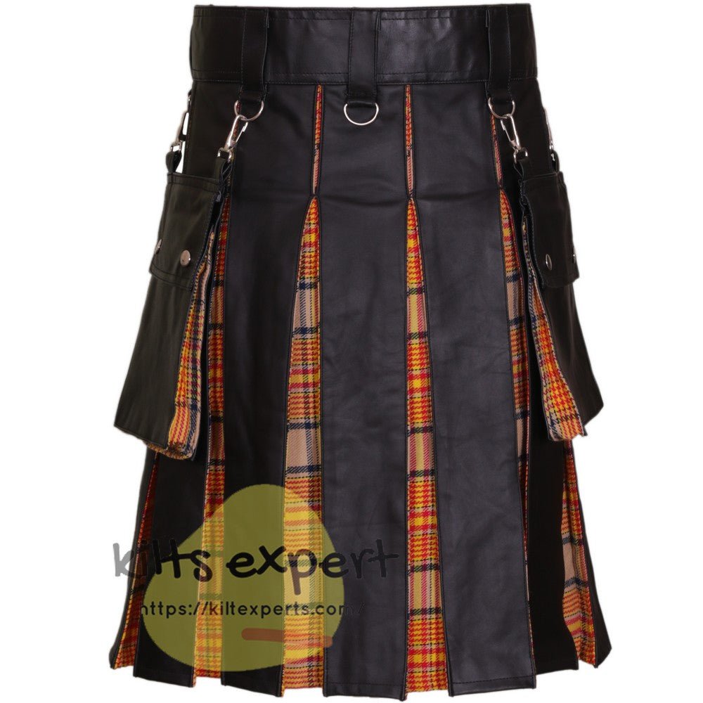 Black Cowhide Leather Hybird Kilt With Box Pleated - Kilt Experts