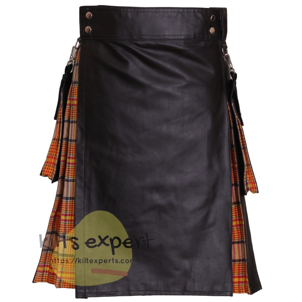 Black Cowhide Leather Hybird Kilt With Box Pleated - Kilt Experts