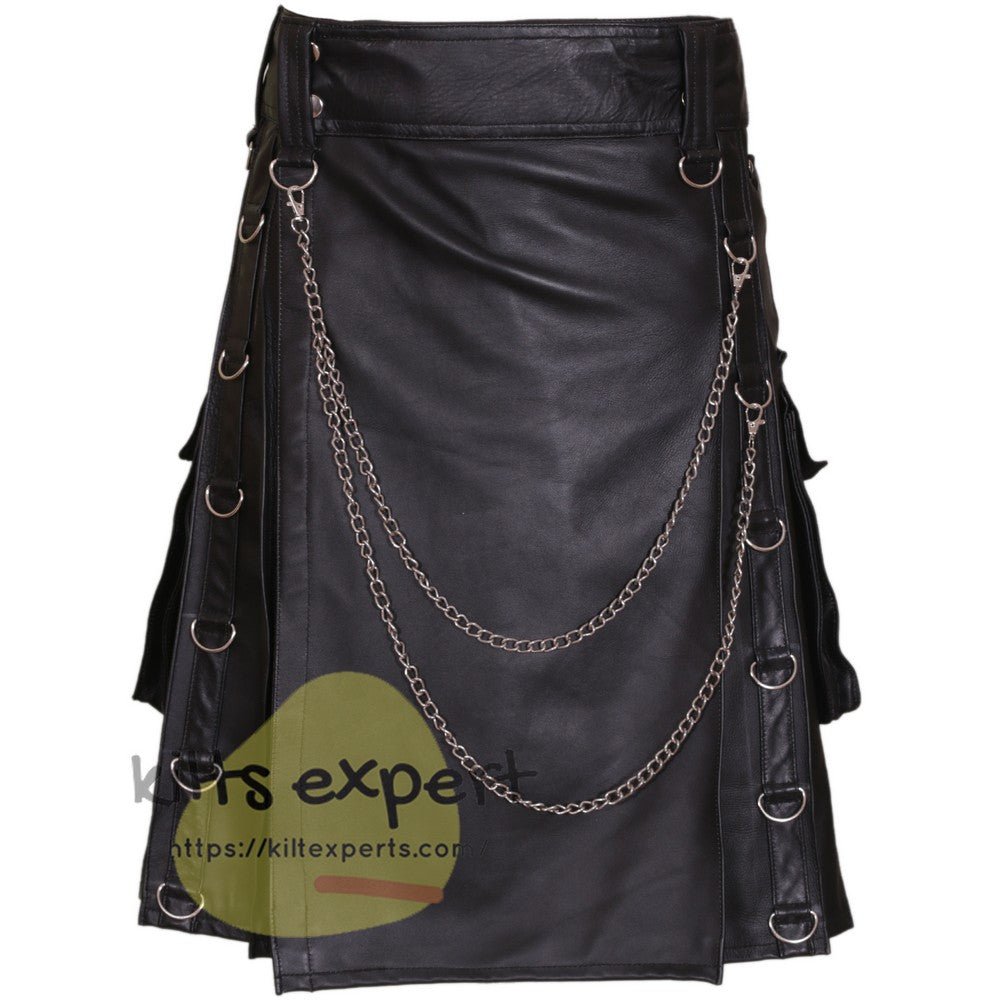 Black Real Cowhide Leather Kilt With Detachable Chain - Kilt Experts