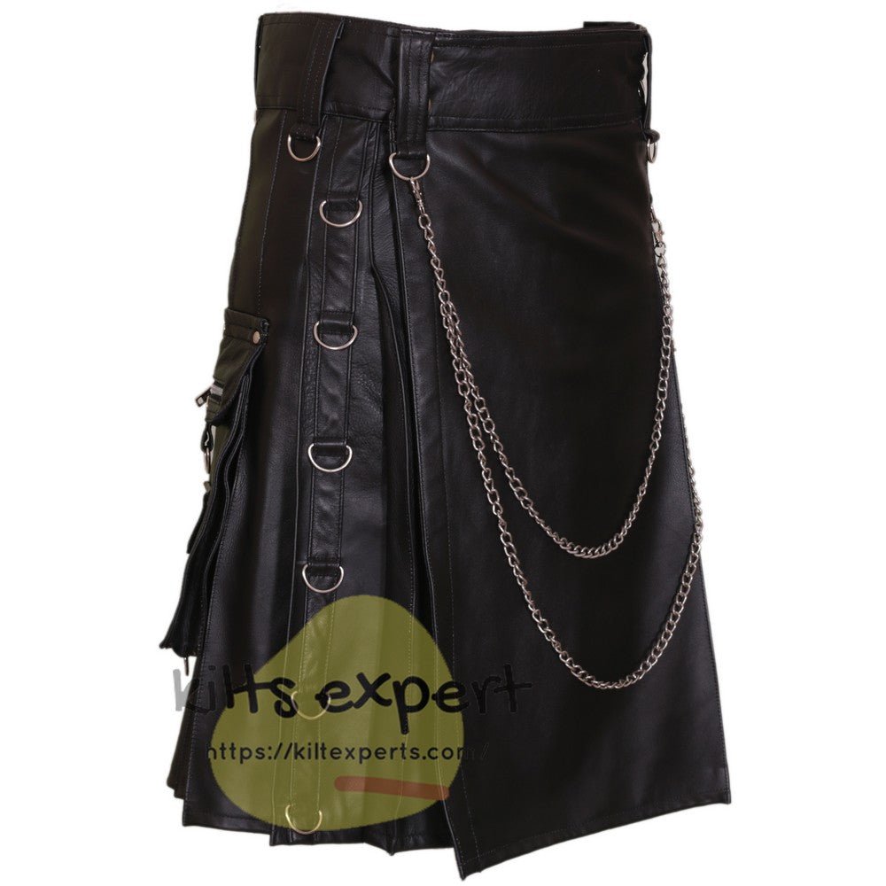 Black Real Cowhide Leather Kilt With Detachable Chain - Kilt Experts