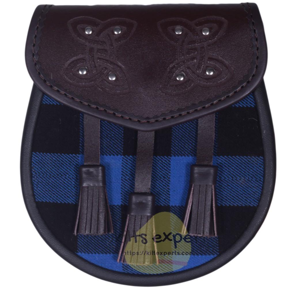 Chocorate Brown Three Teasal Leather Sporrans With Chain & Belt - Buffalo Blue/Black Tartan Kilt Experts