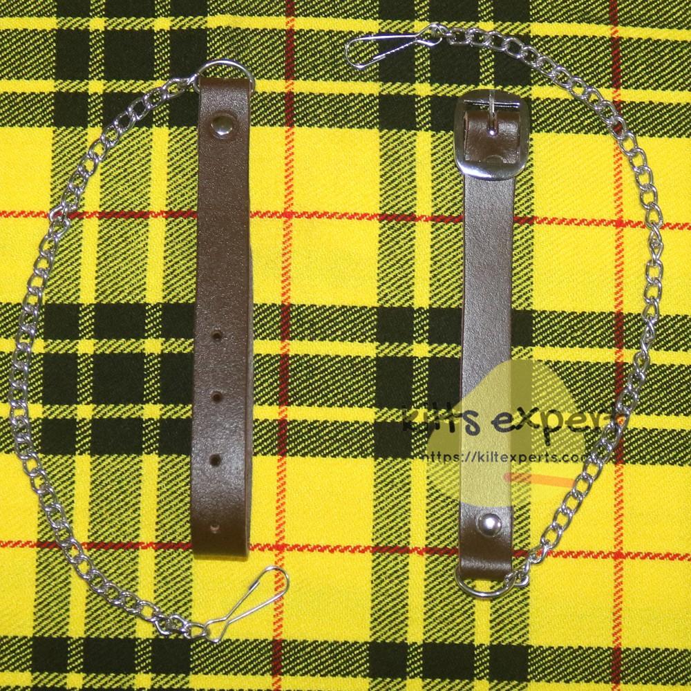 Chocorate Brown Three Teasal Leather Sporrans With Chain & Belt - Buffalo Blue/Black Tartan Kilt Experts