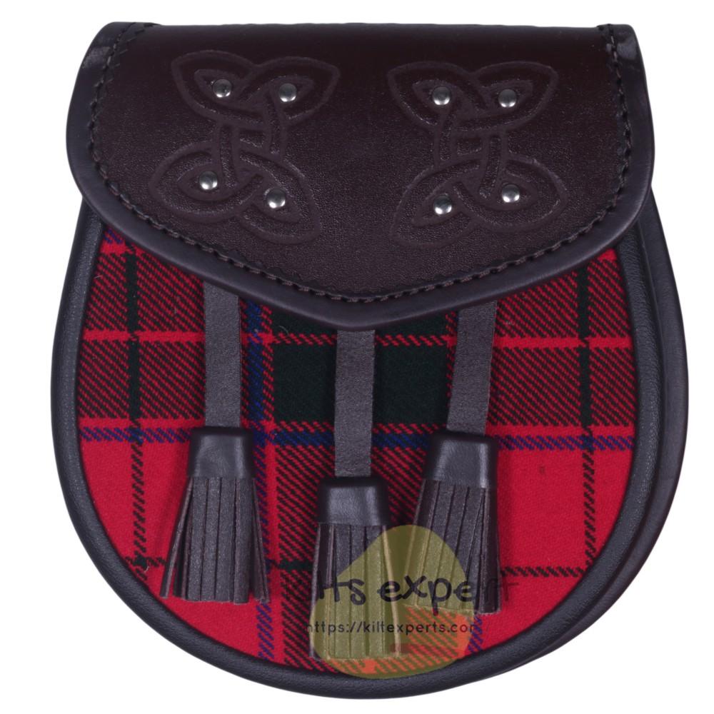 Chocorate Brown Three Teasal Leather Sporrans With Chain & Belt - Robertson Tartan Kilt Experts