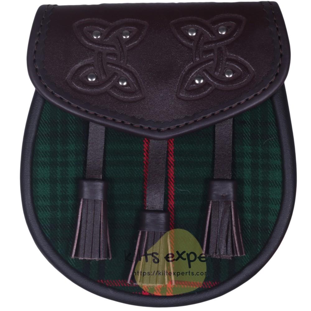 Chocorate Brown Three Teasal Leather Sporrans With Chain & Belt - Rose Hunting Tartan Kilt Experts