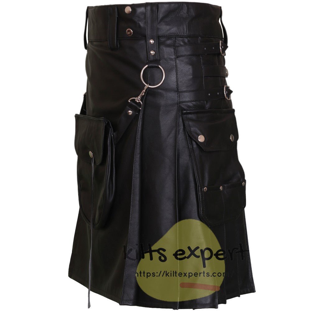 Men's Genuine Cowhide Leather Kilt With Front Removeable Pockets - Kilt Experts