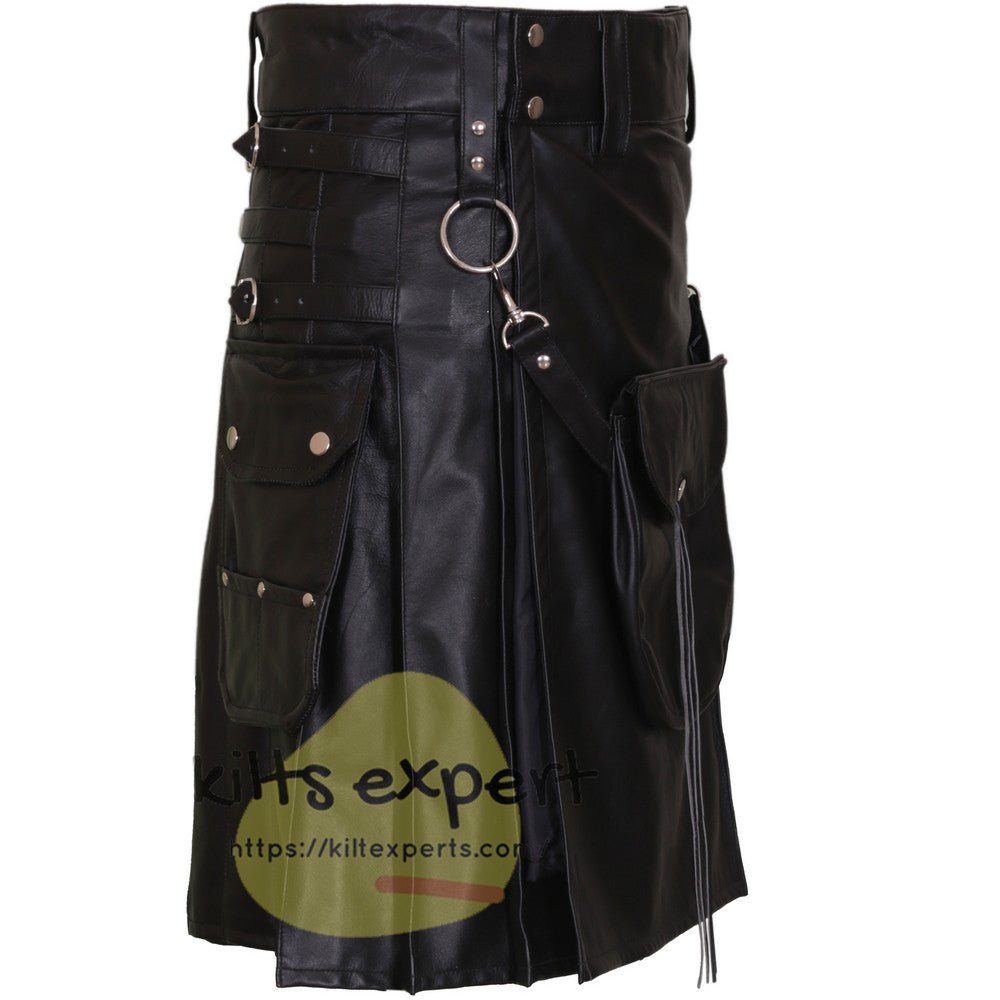 Men's Genuine Cowhide Leather Kilt With Front Removeable Pockets - Kilt Experts