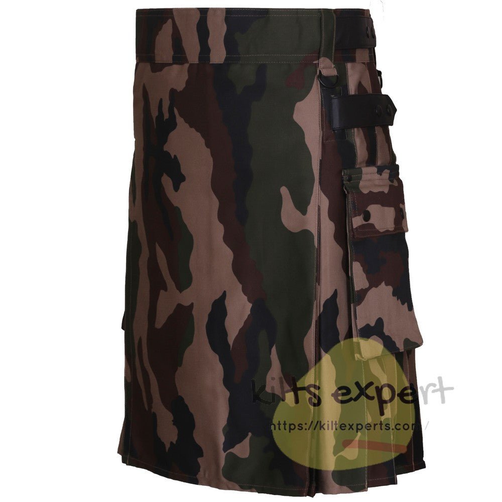 Military Woodland Camo Leather Straps Kilt - Kilt Experts