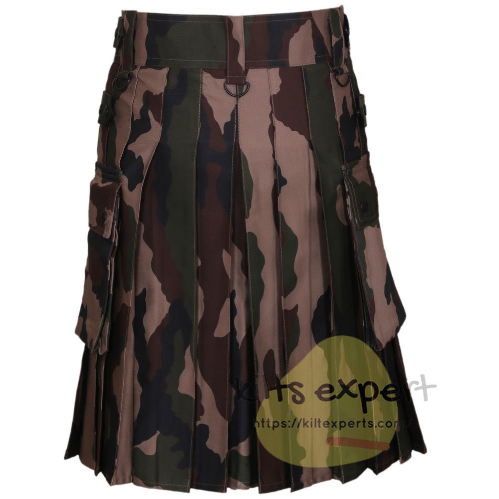 Military Woodland Camo Leather Straps Kilt - Kilt Experts