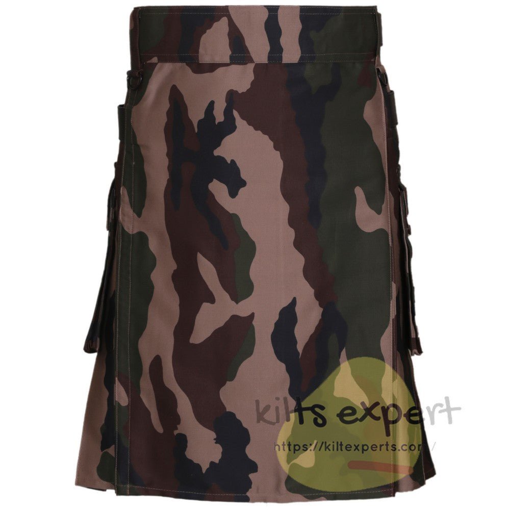 Military Woodland Camo Leather Straps Kilt - Kilt Experts