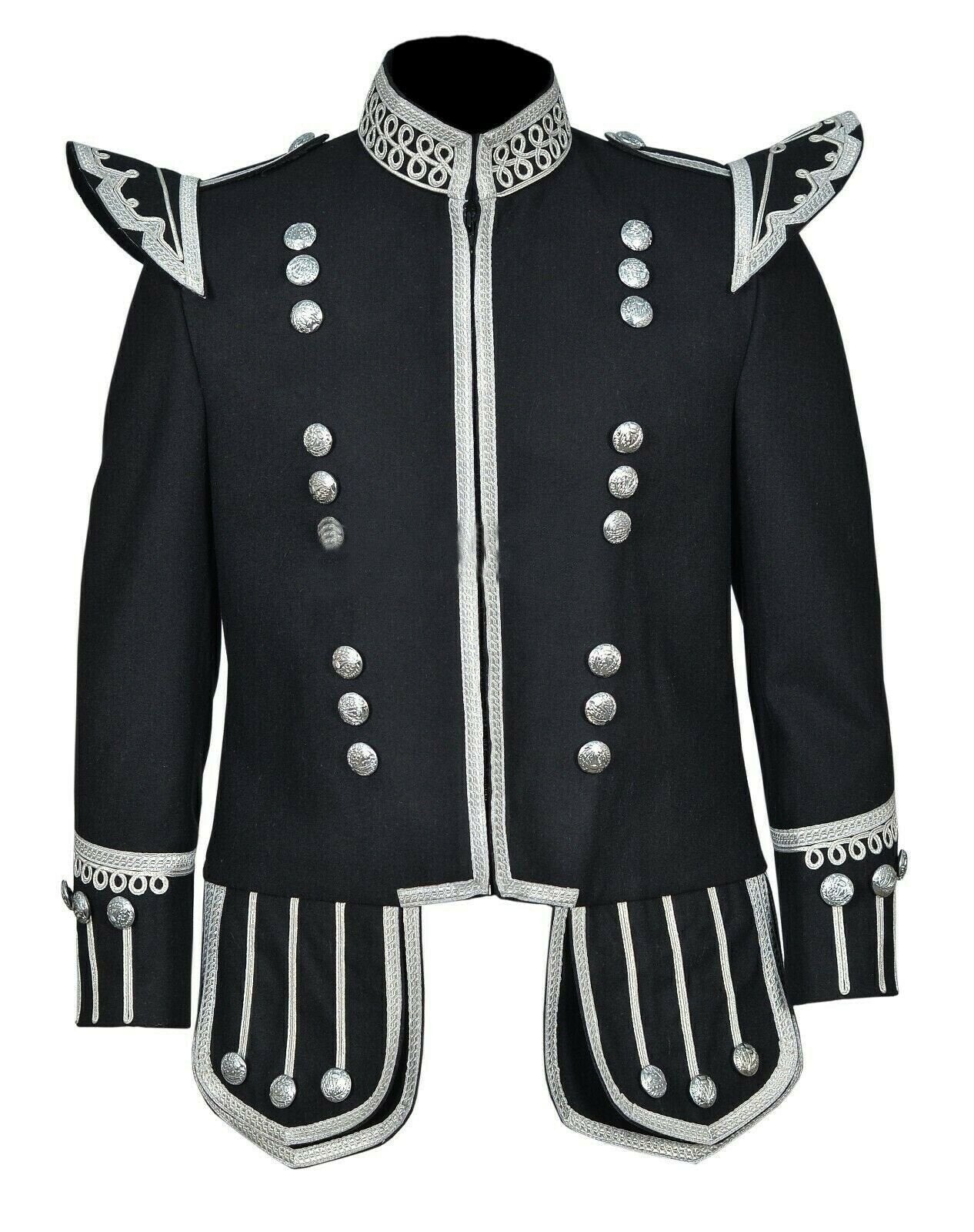 New Scottish Black Military Piper Drummer Doublet Tunic Jacket - Kilt Experts