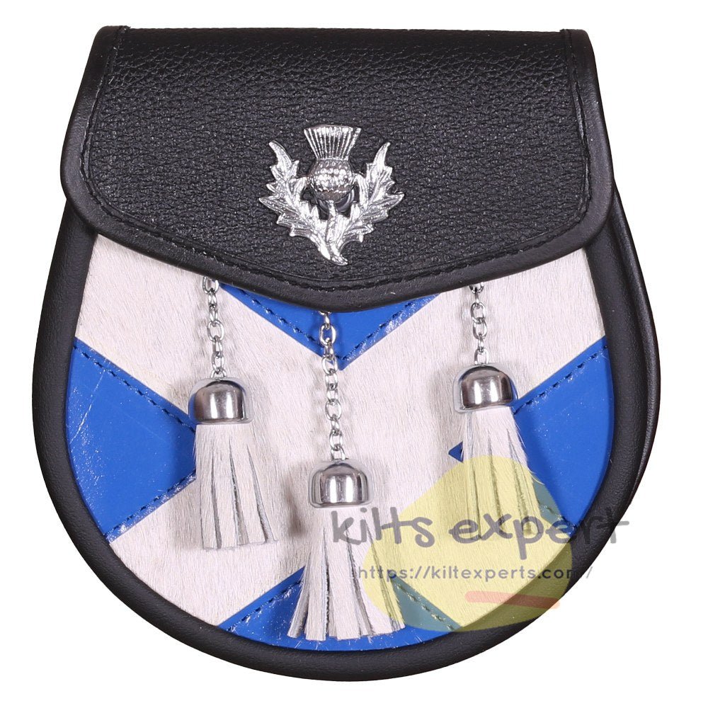 Scottish Flag Traditional Sporran With Thistle Full Dress Metal Badge - Kilt Experts