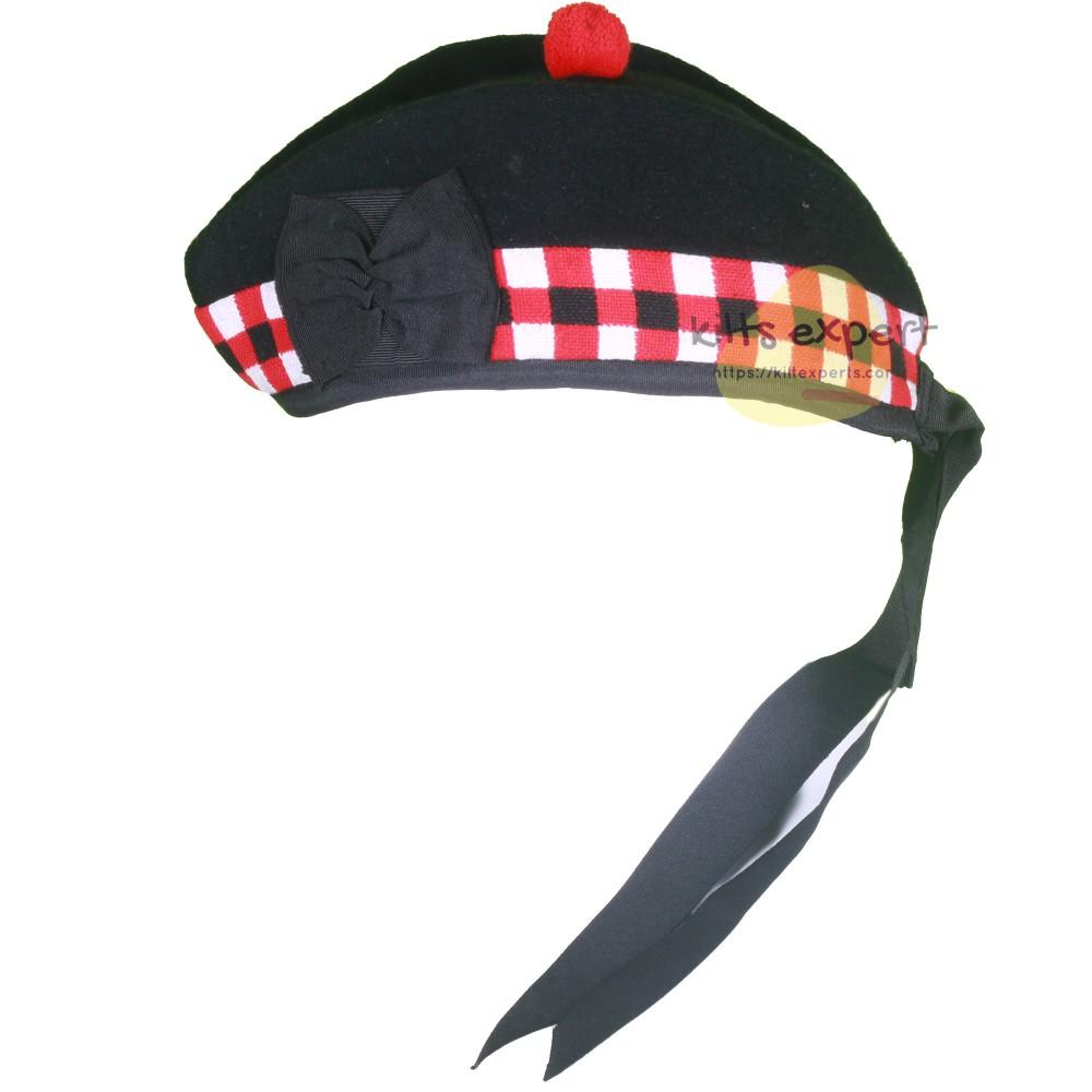 Scottish Traditional Red-White-Black Dice Glengarry Hat Kilt Experts