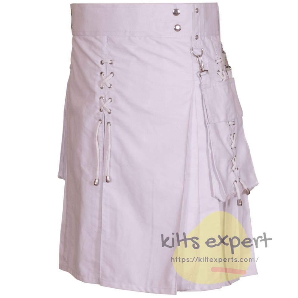 White Detachable Pockets Utility Kilt For Men - Kilt Experts