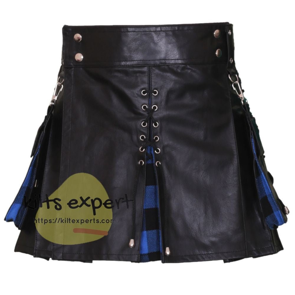 Women's Black Wedding Leather Kilt With Different Tartans In Pleats - Kilt Experts